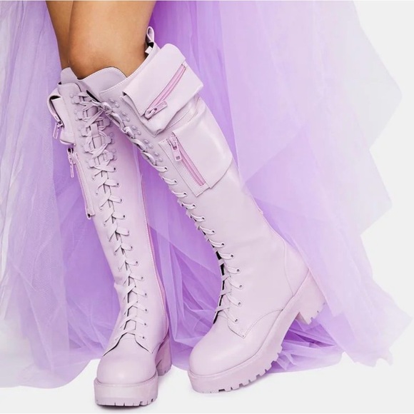 Sugar Thrillz Shoes - Lavender Lace-Up Knee-High Boots